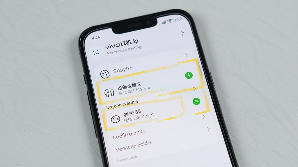 一张展示手机屏幕上“vivo耳机”App权限设置页面的图片,画面中手机显示应用权限管理界面,附近设备权限和定位权限被高亮标注,背景是纯色桌面,风格简洁明快,细节清晰,画质干净,无多余元素