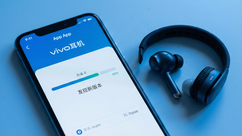 一张展示“vivo耳机”App固件升级界面的图片,手机屏幕显示升级进度条和“发现新版本”字样,手机旁边是一副耳机,画面风格为科技蓝调,细节清晰,画质干净,排版简洁,无多余元素