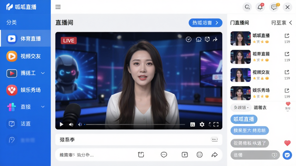 呱呱直播软件主界面全貌展示,画面中央是高清直播播放窗口,左侧为分类导航栏包含体育直播、视频交友、娱乐秀场等图标,右侧为热门直播间列表与聊天互动区,整体布局清晰,配色以蓝色和白色为主,风格现代简洁,画质高清,干净无多余元素