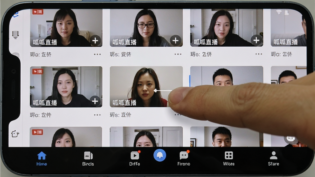 呱呱直播移动端操作界面截图,画面展示安卓手机屏幕,显示直播列表和底部导航栏,手指正在滑动切换直播间,风格写实,画质清晰,无多余装饰