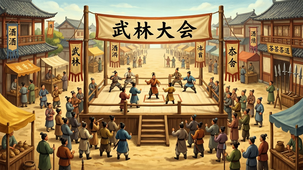 画面描绘一个热闹的古代江湖集市,中央有一座擂台,擂台周围挤满了围观的侠客与百姓,擂台上方悬挂着“武林大会”的横幅,远处有酒楼、茶馆与兵器铺,画面采用清明上河图式的长卷构图,色调以暖黄、赭石与青灰为主,细节上刻画人物表情与摊位招牌,画质高清,干净明亮,无多余元素