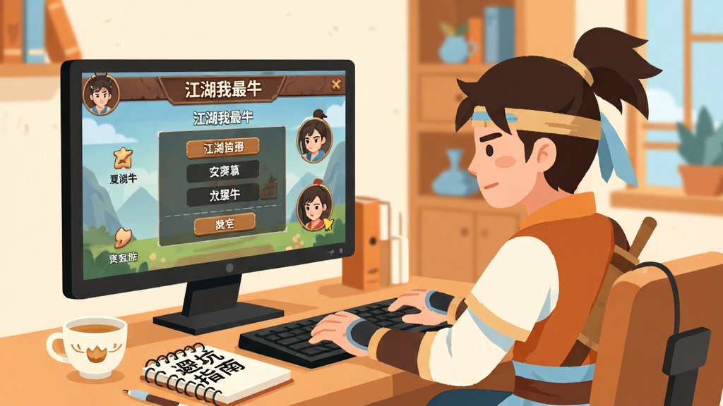 画面展示一位新手侠客坐在电脑前,屏幕上显示着江湖我最牛的游戏界面,旁边放着一杯茶与一本笔记本,笔记本上写着“避坑指南”,背景是温馨的书房,画面采用扁平插画风格,色调以暖橙、米白与浅蓝为主,细节上刻画屏幕中的文字选项与角色头像,画质高清,干净舒适,无多余元素