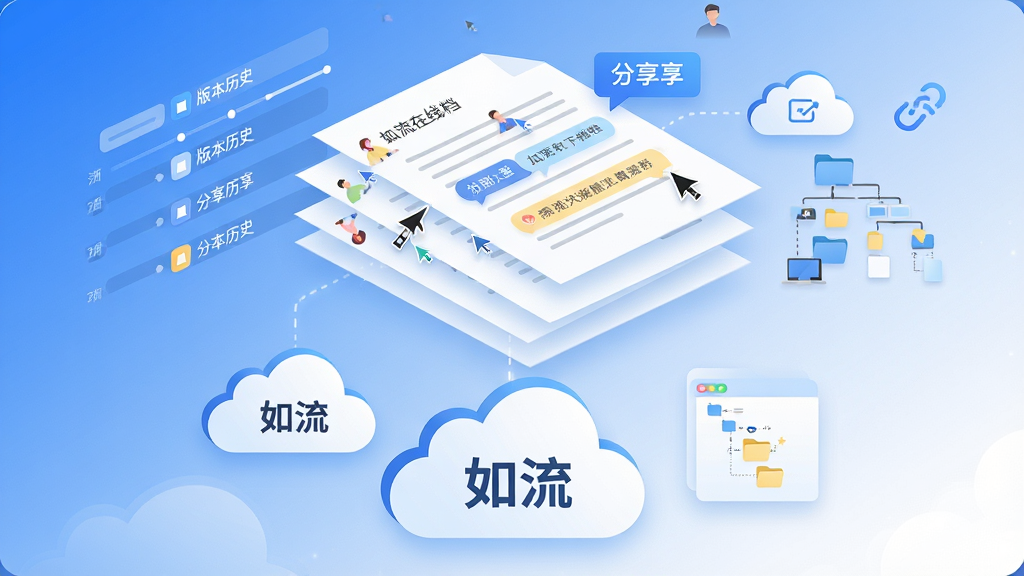 一张以如流在线文档与云盘为主题的AI生图,主体为悬浮在空中的多层文档页面和云朵形状的存储图标,文档页面上显示多人协作光标和批注气泡,云朵图标带有“如流”字样,布局为上下结构,上方文档下方云盘,风格为清新扁平科技插画,细节包括版本历史时间轴、分享链接图标、文件夹树状图,画质为2K超清,画面干净无多余元素,整体以蓝白渐变为主色调。