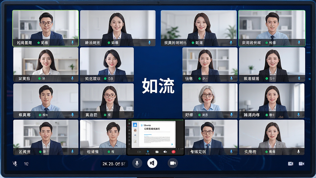 一张以如流高清音视频会议为主题的AI生图,主体为一块大屏幕显示多人视频会议网格画面,每个参会者画面下方标注姓名和麦克风状态,屏幕中央有“如流”品牌标识,布局为对称式网格排版,风格为科技感写实插画,细节包括屏幕共享演示文档缩略图、实时字幕滚动条、静音与摄像头开关按钮,画质为2K超清,画面干净无多余元素,整体色调为深蓝与亮白对比。