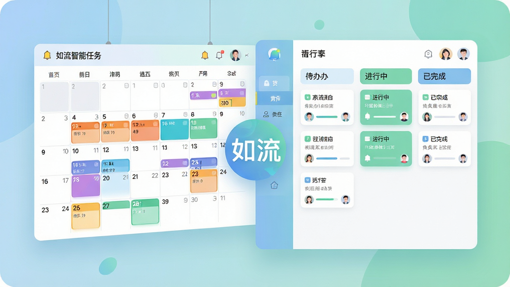 一张以如流智能任务与日程管理为主题的AI生图,主体为一个悬浮的日历界面与任务看板并排展示,日历上标注多个彩色日程块,看板上排列待办、进行中、已完成三列任务卡片,界面中央有“如流”Logo,布局为左右分栏,风格为现代简约UI插画,细节包括提醒铃铛图标、进度条、负责人头像,画质为2K超清,画面干净无多余元素,整体色调为柔和的蓝绿搭配。