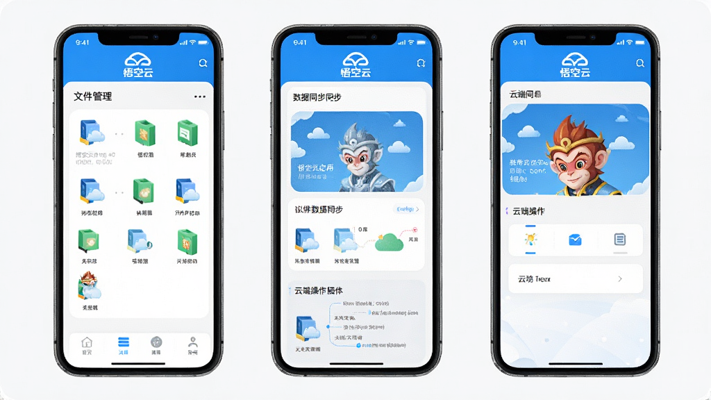 悟空云应用多场景使用展示,手机屏幕分别显示文件管理、数据同步、云端操作三个界面并排排列,悟空云标识出现在每个界面顶部,风格统一清爽,布局整齐,细节丰富,画质高清,干净无多余元素