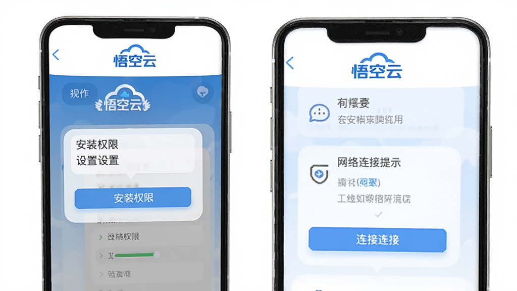 悟空云应用在新手引导界面展示操作步骤,手机屏幕显示安装权限设置和网络连接提示,悟空云标识在顶部,界面以白色和蓝色为主,布局清晰有序,风格友好易用,细节精致,画质高清,干净无多余元素