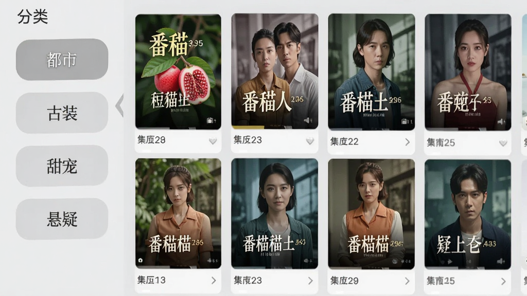 番石榴短剧海量剧目库界面,画面左侧为分类标签栏,包含都市、古装、甜宠、悬疑等字样,右侧为网格状剧集封面墙,每张封面清晰展示剧名和集数,整体布局整齐有序,背景为浅灰色,风格简洁现代,画质清晰干净