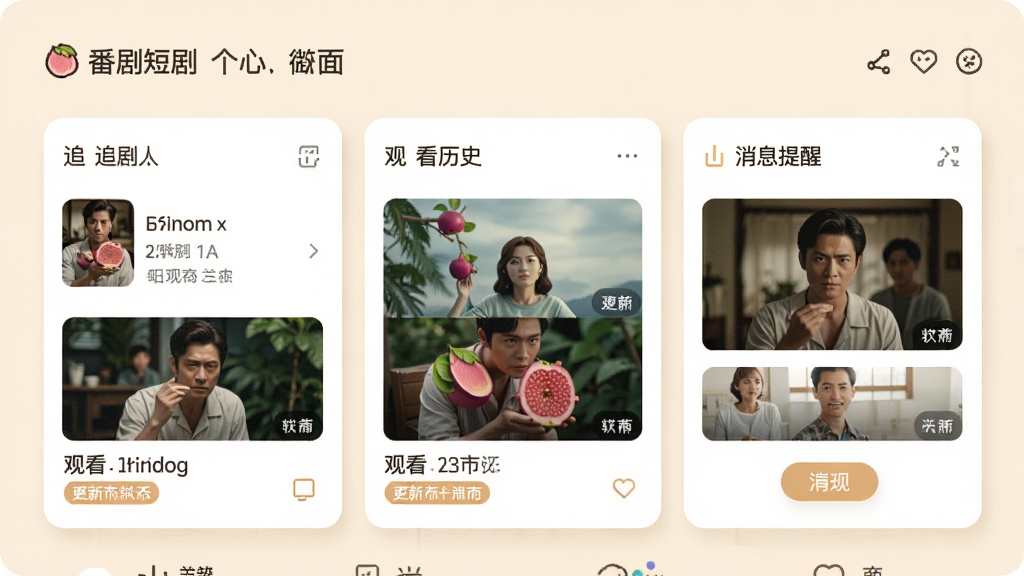 番石榴短剧个人中心界面,画面展示追剧列表、观看历史和消息提醒三个模块,每个模块以卡片形式排列,卡片内包含剧集缩略图和更新状态标签,整体风格温馨舒适,背景为浅米色,画质清晰干净