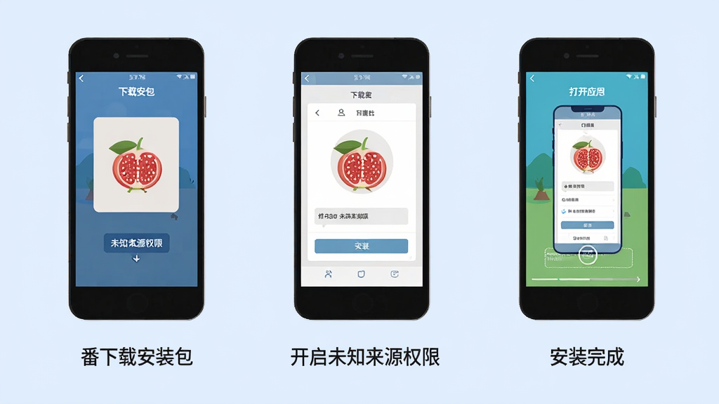 番石榴短剧安装步骤示意图,画面分为三个手机屏幕,从左到右依次展示下载安装包、开启未知来源权限、安装完成打开应用的过程,每个屏幕下方配有简短文字说明,整体风格扁平化,背景为浅蓝色,画质清晰,干净整洁