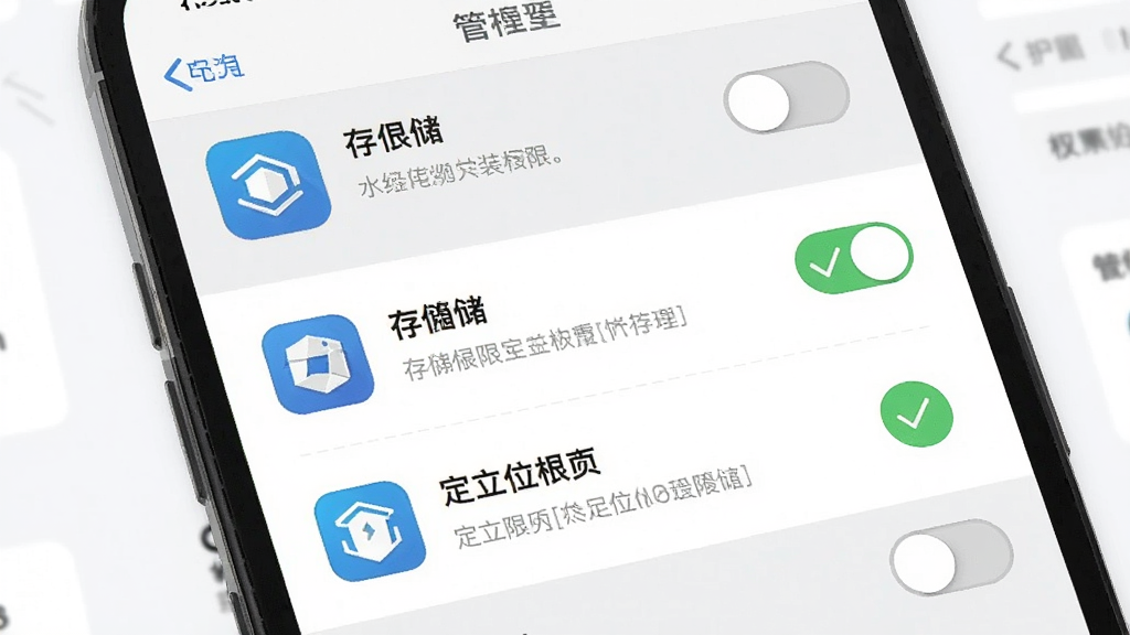 一幅展示水经微图移动端安装权限设置的示意图,画面中手机屏幕显示应用权限管理页面,存储权限和定位权限旁边有绿色勾选标记,背景为简洁的手机系统设置界面,风格为扁平化UI风格,细节包括权限开关按钮、应用图标、提示文字,画质清晰,干净,无多余元素
