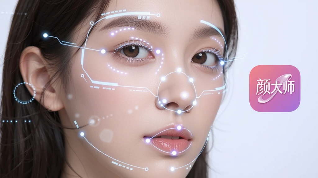 一张展示颜大师智能美颜功能的示意图,画面主体为一位年轻女性的面部特写,面部周围有科技感的光点与线条标注出眼睛、鼻子、嘴唇等关键部位,旁边有颜大师的软件图标,整体风格科技感与柔美结合,画质清晰,干净无杂物