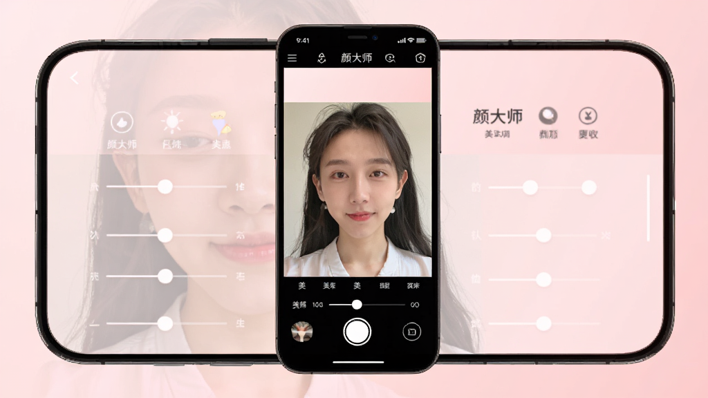 一张展示颜大师软件界面的手机屏幕效果图,画面中央是一部智能手机,屏幕上显示颜大师APP的美颜相机拍摄界面,界面中有清晰的人像预览和各类美颜参数调节滑块,背景为柔和的浅粉色渐变,整体风格清新简约,画质干净清晰,无多余元素