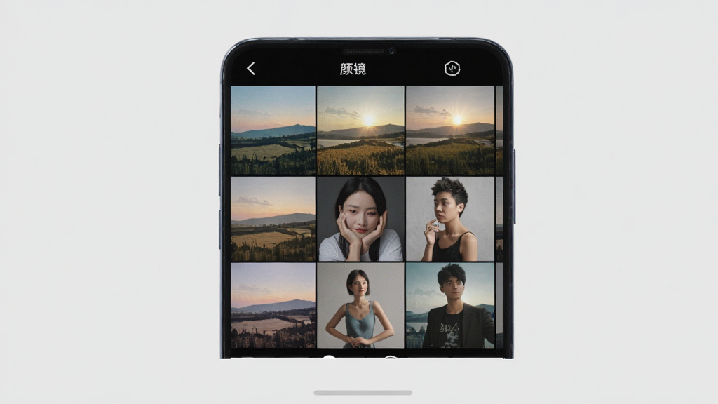 一张展示颜大师滤镜功能的手机界面图,画面中手机屏幕显示九宫格滤镜选择面板,每个格子展示不同色调的风景或人像小图,背景为浅灰色,风格简洁现代,画质干净,无多余元素