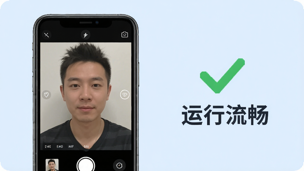 一张展示颜大师在手机上稳定运行的示意图,画面中手机屏幕显示美颜相机拍摄界面,旁边有绿色的对勾图标和“运行流畅”字样,背景为浅蓝色,风格简洁明快,画质干净,无多余元素