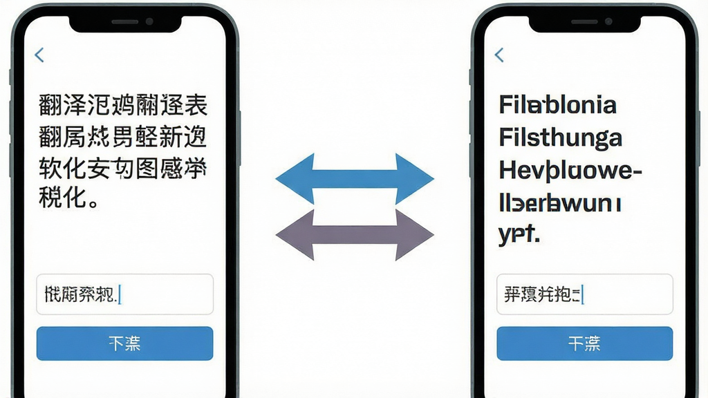 一张展示芬兰语翻译软件双向互译功能的示意图,画面中心是两部手机相对而立,左侧手机屏幕显示中文文本,右侧手机屏幕显示芬兰语译文,中间用双向箭头连接,背景为干净的白色,风格扁平化,细节包含文字输入框和翻译按钮,画质清晰干净,无多余元素