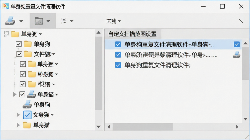 一张展示单身狗重复文件清理软件自定义扫描范围设置界面的预览图,主体为软件窗口中的文件夹选择树形结构,勾选框分布在各个磁盘和文件夹图标旁,布局为左侧树形目录右侧已选路径列表,风格为浅色极简,细节包括磁盘图标、文件夹展开箭头、已勾选状态高亮,画面干净,画质高清,界面标题显示“单身狗重复文件清理软件”。