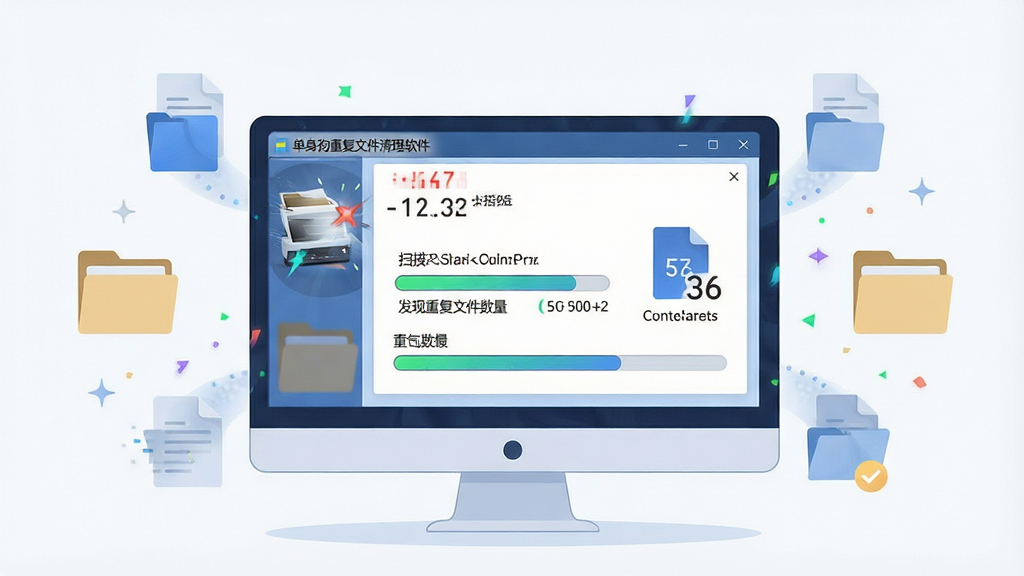 一张表现单身狗重复文件清理软件智能扫描引擎工作状态的创意图,主体为电脑屏幕中软件界面正在高速扫描磁盘,界面显示扫描进度和已发现重复文件数量,布局以软件窗口居中,周围环绕着代表文件和文件夹的图标元素,风格为科技感扁平插画,细节包括数字跳动、进度条推进、文件图标淡入淡出,画面干净整洁,画质清晰,屏幕中文字显示为“单身狗重复文件清理软件”。