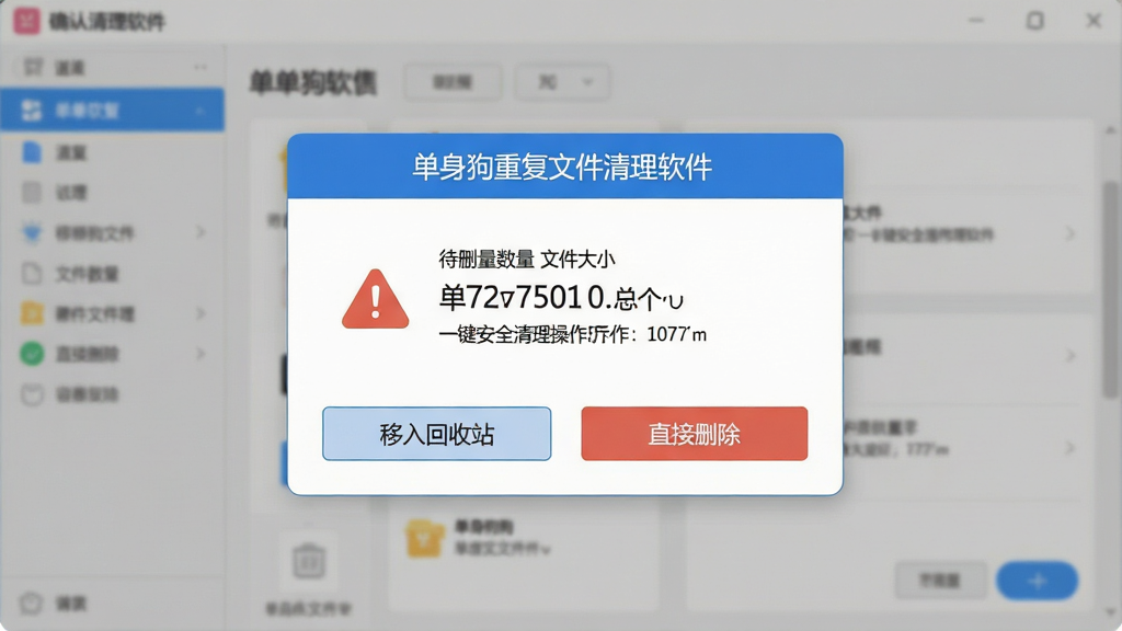 一张表现单身狗重复文件清理软件一键安全清理操作的示意图,主体为软件界面中的确认清理弹窗,弹窗内显示待删除文件数量和总大小,下方有“移入回收站”和“直接删除”两个按钮,布局以弹窗居中,背景为软件主界面虚化,风格清爽简约,细节包括警告图标、文件数量数字、容量单位,画面干净,画质清晰,弹窗中文字为“单身狗重复文件清理软件”。