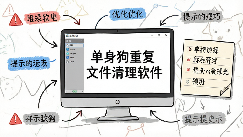 一张展示单身狗重复文件清理软件使用技巧的示意图,主体为电脑屏幕中软件界面与旁边的手写笔记风格提示卡片,布局为软件窗口居中,四周环绕着技巧标签和箭头指示,风格为手绘笔记风,细节包括红色警告标识、蓝色优化标签、灰色提示文字,画面干净,画质清晰,屏幕中文字显示“单身狗重复文件清理软件”。