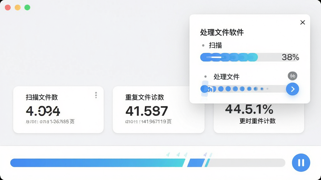 一张表现单身狗重复文件清理软件实时进度反馈功能的界面图,主体为软件底部状态栏与浮动进度面板,显示扫描百分比、已处理文件数和重复文件计数,布局以进度条横贯底部,上方有统计数字卡片,风格为现代扁平化,细节包括动态进度条、数字滚动效果、暂停按钮图标,画面干净整洁,画质清晰。