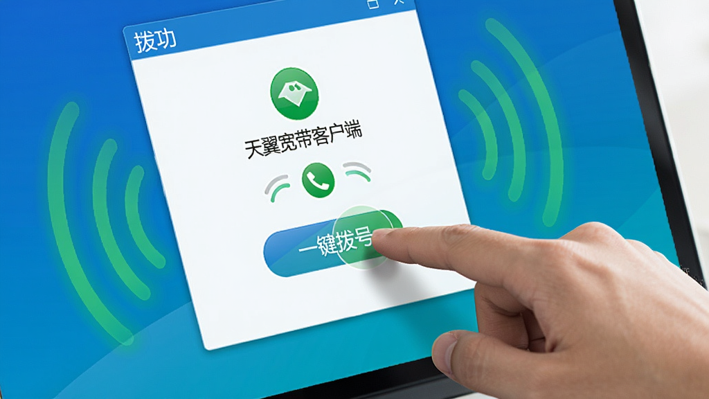 画面主体为一只手点击笔记本电脑屏幕上的“一键拨号”按钮,屏幕显示“天翼宽带客户端”拨号成功界面,周围有绿色网络信号波纹,布局为特写视角,风格简洁明快,细节突出按钮和连接状态图标,画质高清,干净,无多余元素