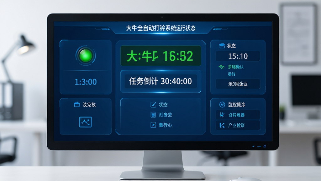 大牛全自动打铃系统运行状态监控界面,主体为电脑屏幕显示绿色运行指示灯与任务倒计时,布局居中,排版上下结构,风格为科技蓝调,细节包括时间数字与状态文字,画质高清干净无多余元素