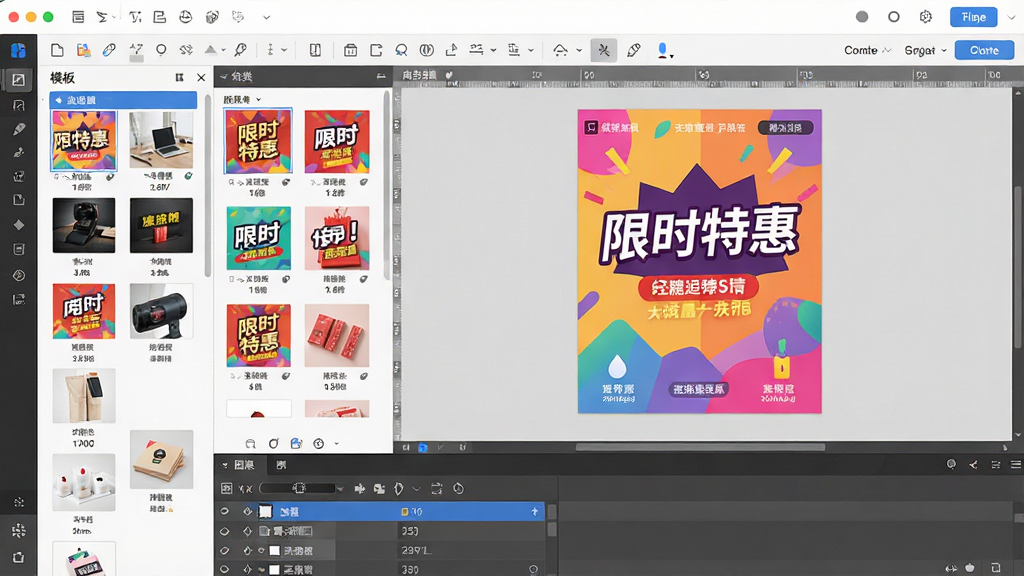 一张展示海报设计大师软件界面的全景图,画面中央是软件主操作区域,左侧为模板分类导航栏,右侧为画布编辑区,画布上正在编辑一张色彩鲜艳的电商促销海报,海报上有“限时特惠”字样,顶部为菜单工具栏,底部为图层管理面板。整体布局清晰,排版整齐,风格为现代简约科技风,细节包括图标、按钮、缩略图等元素,画质高清,画面干净,无多余元素。