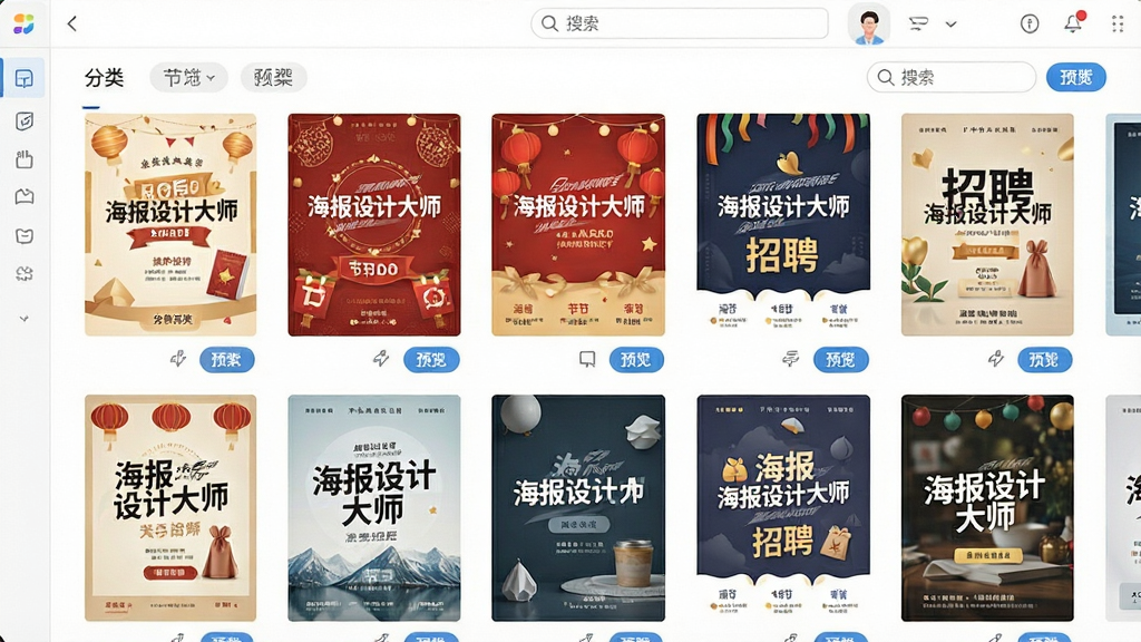 海报设计大师软件界面中展示模板库的局部截图,画面主体为整齐排列的海报模板缩略图,每个缩略图展示不同风格的海报设计,包括促销、节日、招聘等类型,模板上带有“海报设计大师”品牌水印。布局为网格状排列,排版规整,风格为清新明亮,细节包括分类标签、搜索框、预览按钮,画质清晰,画面干净,无多余元素。