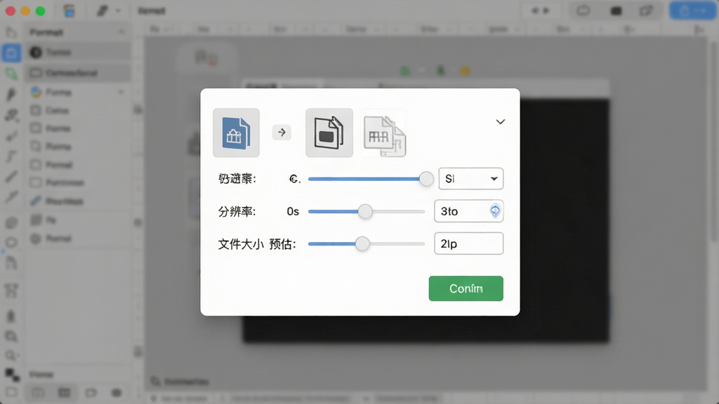 海报设计大师导出设置界面截图,画面主体为导出弹窗,弹窗内显示格式选择、分辨率设置、文件大小预估等选项,背景为软件主界面模糊效果。布局为居中弹窗,排版简洁,风格为现代扁平化设计,细节包括格式图标、滑块控件、确认按钮,画质清晰,画面干净,无多余元素。
