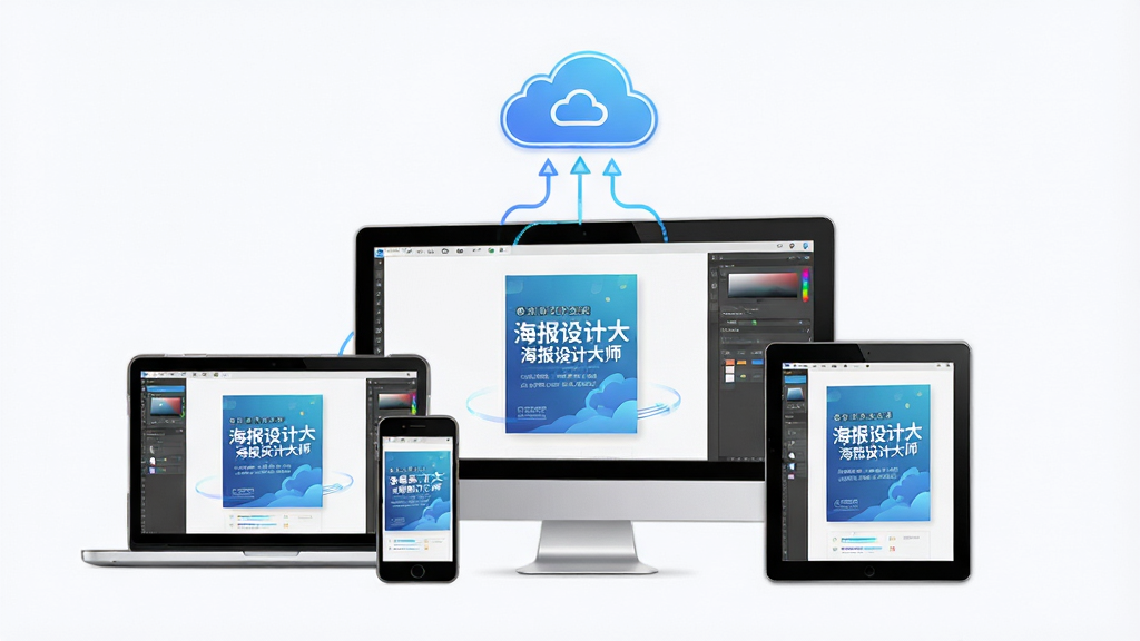 海报设计大师云端同步功能示意图,画面主体为多台设备(电脑、手机、平板)通过云图标连接,展示同一张海报在不同设备上同步显示的效果,设备屏幕上有“海报设计大师”界面。布局为三角构图,排版均衡,风格为科技感与简洁并存,细节包括云朵图标、数据传输线、设备轮廓,画质高清,画面干净,无多余元素。