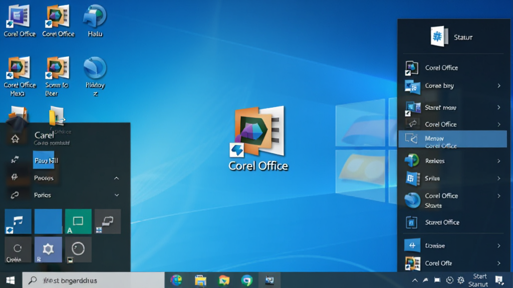 Corel Office 安装完成后的桌面快捷方式与开始菜单展示,画面主体为 Windows 桌面图标与开始菜单列表,图标下方标注“Corel Office”,布局为桌面中央加开始菜单弹窗,风格为真实系统截图风,细节包括图标阴影、菜单高亮,画质清晰干净,无多余元素