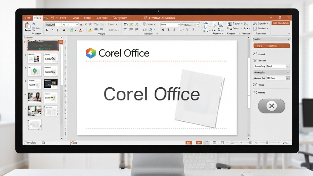 Corel Office 演示文稿编辑场景,画面主体为一张正在制作的幻灯片,屏幕上有模板选择面板与动画设置选项,幻灯片标题区域显示“Corel Office”文字,布局为中央画布加右侧属性栏,风格为明亮简洁的办公风,细节包括缩略图列表、放映按钮,画质清晰干净,无多余元素