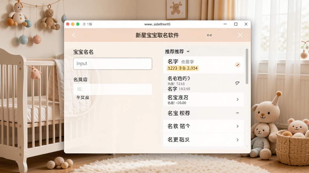 一张展示新星宝宝取名软件主界面的图片,画面中央是软件窗口,窗口内显示宝宝取名输入框和名字推荐列表,背景是温馨的婴儿房布置,有婴儿床和玩具,整体色调柔和温暖,风格为写实软件截图风格,细节清晰,画质干净,无多余元素。