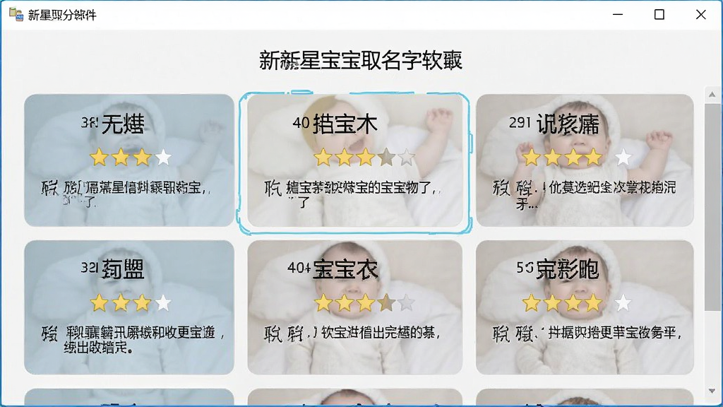 一张展示新星宝宝取名软件名字评分界面的图片,画面中软件窗口显示多个名字及其评分星级和详细评语,界面简洁,风格为现代工具软件截图,细节清晰,画质干净,无多余元素。