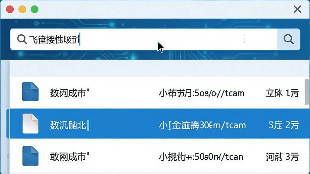 一张飞梭文件管理软件进行文件搜索的界面截图风格图片,画面主体是搜索框输入关键词后,下方列表实时显示匹配结果,结果中包含文件图标、名称、路径和大小。布局为上下结构,排版紧凑,风格为科技蓝调,细节有光标闪烁和结果高亮,画质清晰,干净,无多余元素。