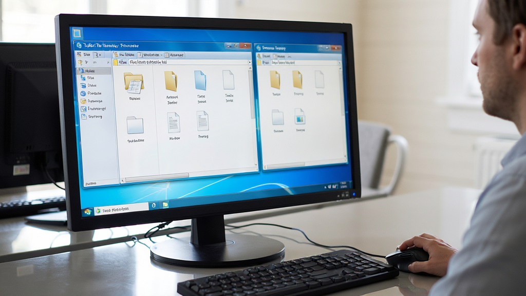 一张飞梭文件管理软件在Windows电脑上运行的实操场景图,画面中用户正在使用双窗格拖拽文件,屏幕旁边有鼠标和键盘。布局为桌面视角,排版自然,风格为真实办公环境,细节有显示器边框和桌面反光,画质清晰,干净,无多余元素。
