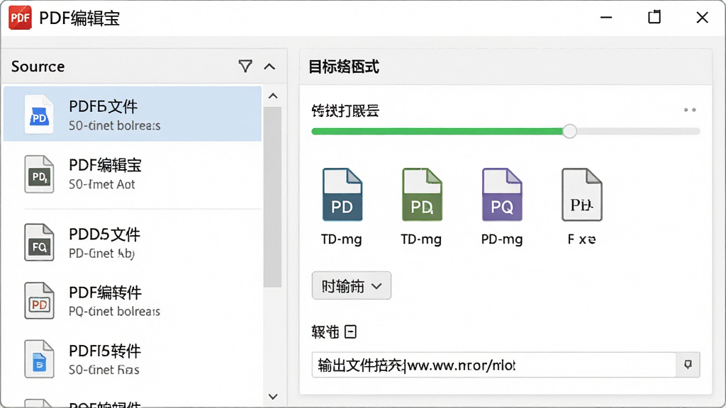 一张展示PDF编辑宝格式转换功能的图片,主体是PDF编辑宝软件界面中格式转换选项面板,布局为左侧源文件列表、右侧目标格式选择区,排版工整,风格为简洁工具风,细节包括转换进度条、格式图标、输出文件夹路径,画质高清,画面干净,无多余元素