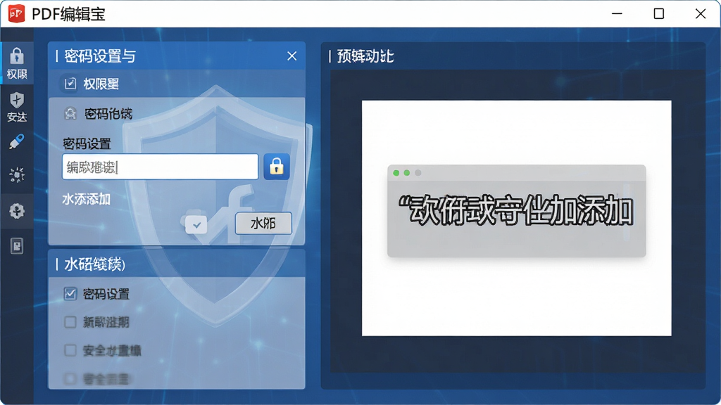 一张展示PDF编辑宝安全加密功能的图片,主体是PDF编辑宝软件界面中密码设置与水印添加面板,布局为左侧权限选项列表、右侧预览效果区,排版严谨,风格为安全防护风,细节包括密码输入框、锁形图标、水印文字预览,画质高清,画面干净,无多余元素