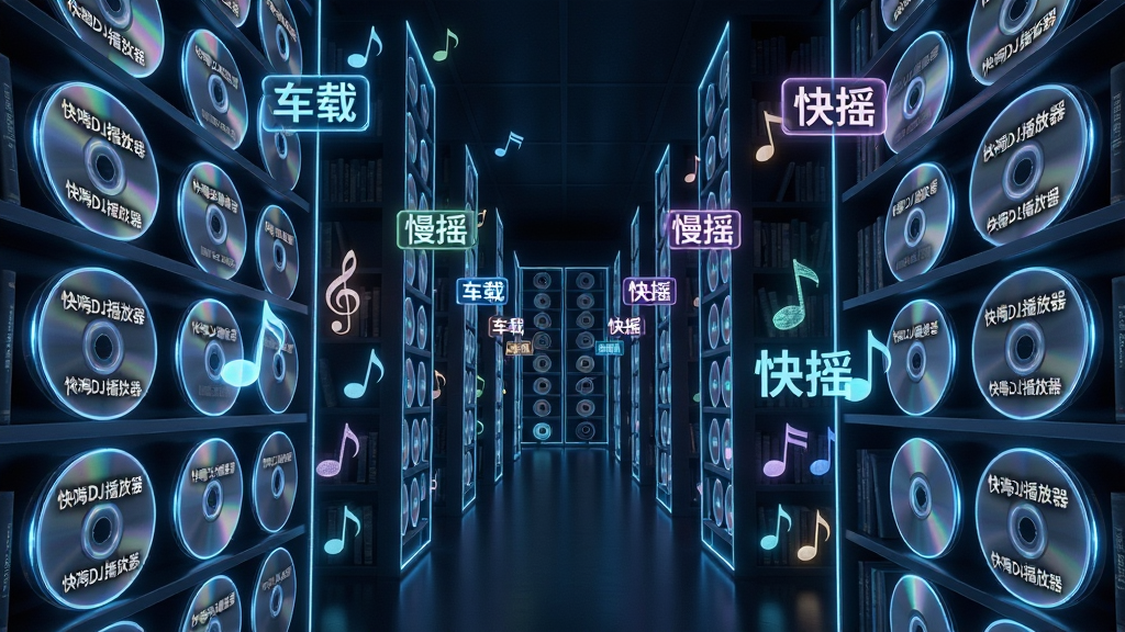 主体是一个巨大的虚拟音乐图书馆,书架上排列着发光的光盘和音符;布局为中央透视视角,书架向四周延伸;排版采用对称式构图;风格为未来感数字艺术;细节包括每张光盘上写着“快嗨DJ播放器”字样,不同分类标签悬浮在空中,如“车载”“慢摇”“快摇”;画质为8K超高清,画面干净,无多余元素