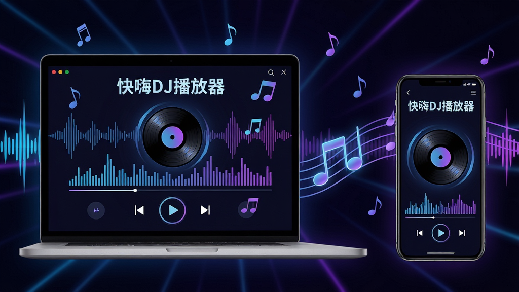 主体是一台打开的笔记本电脑和一部智能手机,屏幕上都显示着“快嗨DJ播放器”的播放界面,界面中有跳动的音频频谱和旋转的唱片图标;布局为电脑在左侧,手机在右侧,中间用音符连接;排版采用横向构图;风格为现代科技感,深色背景搭配霓虹蓝紫光效;细节包括动感的声波纹理、悬浮的音符符号、清晰的软件名称“快嗨DJ播放器”;画质为4K超高清,画面干净,无多余元素