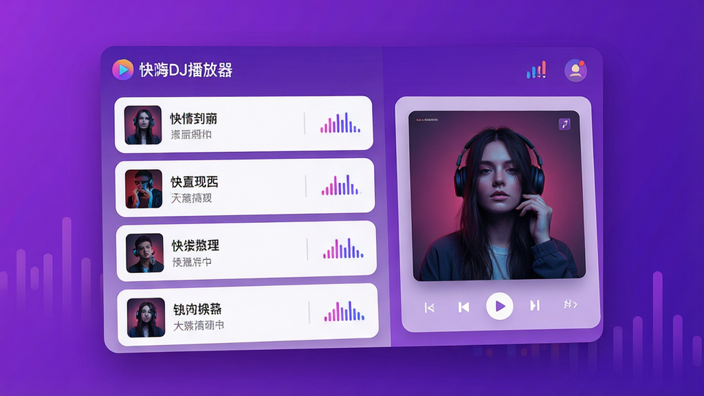 主体是一个悬浮的播放列表界面,左侧是歌曲列表,右侧是正在播放的专辑封面;布局为左右分栏;排版采用卡片式设计;风格为扁平化现代UI;细节包括每首歌曲旁边有跳动的小频谱图标、顶部显示“快嗨DJ播放器”logo、背景是渐变的紫色;画质为4K超高清,画面干净,无多余元素