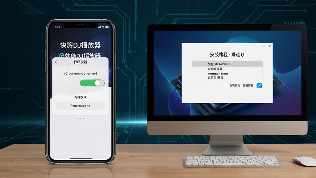 主体是一部手机和一台电脑并排放在桌面上,手机屏幕显示“快嗨DJ播放器”的权限设置界面,电脑屏幕显示安装路径选择界面;布局为左手机右电脑;排版采用对比式构图;风格为写实教学风;细节包括手机上有存储权限开关、电脑上有自定义安装勾选框、背景有淡淡的科技网格线;画质为4K超高清,画面干净,无多余元素