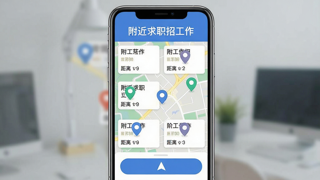 手机屏幕展示地图界面,地图上标注多个职位图标,界面顶部显示“附近求职招工作”文字,主体为手机与地图布局,排版居中,风格为扁平化科技风,细节包括职位卡片、距离标注、导航按钮,画质清晰,干净,无多余元素