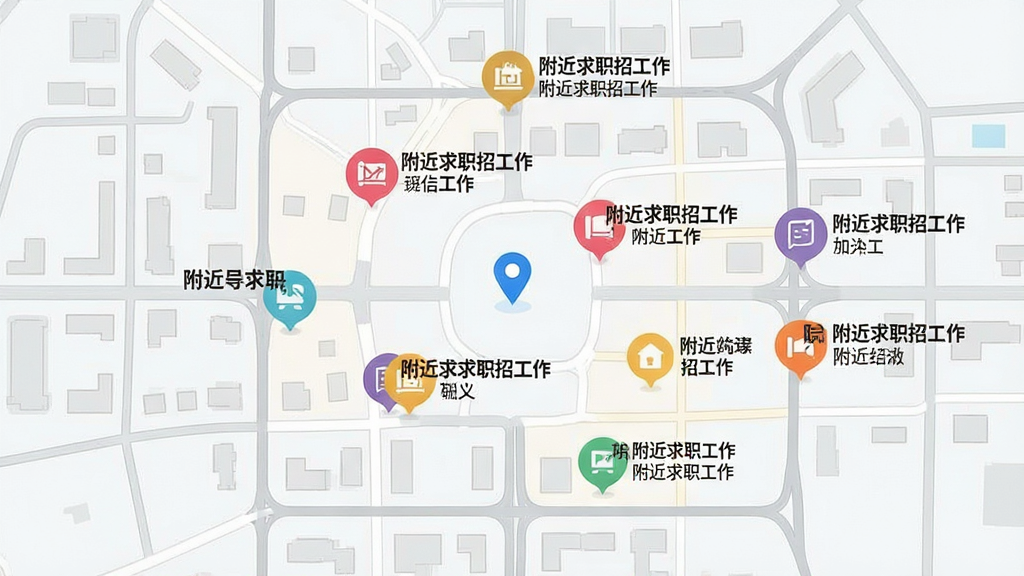 一张简洁的市区地图,地图上分布着多个彩色圆形图标,每个图标旁标注“附近求职招工作”和职位名称,布局为全屏地图,风格为现代简约,细节有道路、建筑轮廓、定位蓝点,画质高清,干净,无多余元素