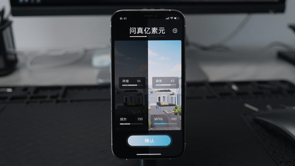画面中央为“问真亿素元”智能图像增强功能的操作示意,主体是一部手机屏幕展示前后对比效果,左侧为偏暗原图,右侧为明亮通透的优化后图像,布局左右分栏,风格写实科技感,细节包含屏幕内进度条、确认按钮和参数数值,背景为深色工作台,画质高清干净无多余元素,4K分辨率