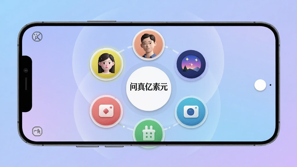 画面以“问真亿素元”多模式拍摄界面为主体,一部手机横向展示,屏幕内呈现人像、夜景、微距、广角等多个模式图标排列,布局为环形放射状,风格活泼明快,细节上突出图标立体感和选中高亮状态,背景为柔和渐变蓝紫色,画质清晰干净无多余元素,4K分辨率