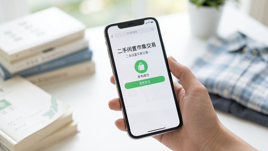 一只干净的手拿着手机,手机屏幕亮起,显示着“二手闲置市集交易”的发布成功页面,周围散落着待售的书籍和衣物,画面采用清新明亮的摄影风格,背景虚化,焦点集中在手机屏幕上,光线柔和,画质细腻,干净无杂物。