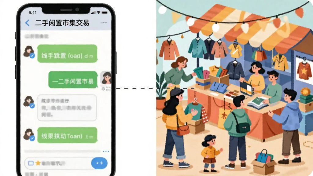 一个分屏构图,左侧是“二手闲置市集交易”的聊天界面,右侧是热闹的线上跳蚤市场概念图,有各种人物在挑选物品,中间用虚线连接,整体风格为扁平插画风,色彩明快活泼,画质清晰,无杂乱元素。