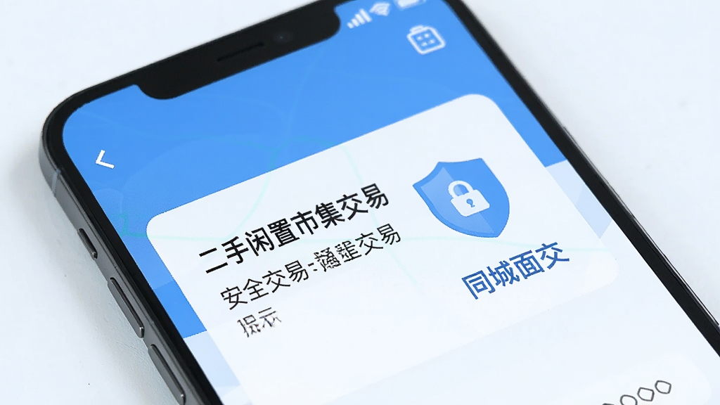 一部手机屏幕显示“二手闲置市集交易”的安全交易提示页面,旁边有一个盾牌图标和“同城面交”字样,背景是简洁的蓝色调,风格为扁平化UI设计,干净清爽,画质高清。